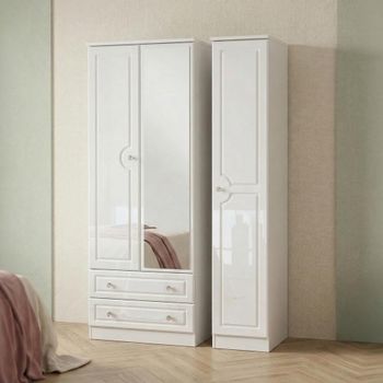 Balmoral White Gloss 3 Door Tall Combi and LHF 2 Drawer Wardrobe with 1 Mirror