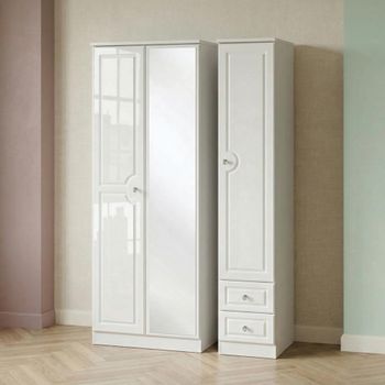Balmoral White Gloss 3 Door Tall Combi and RHF 2 Drawer Wardrobe with 1 Mirror