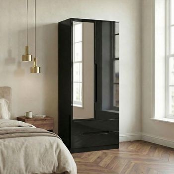 Monaco Black Gloss 2 Door 1 Mirror Combi Tall Wardrobe