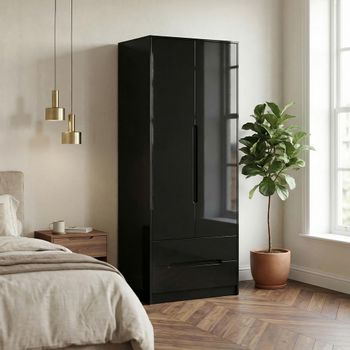 Monaco Black Gloss 2 Door 2 Drawer Tall Wardrobe