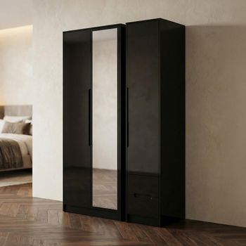 Monaco Black Gloss 3 Door 1 Mirror RHF 2 Drawer Combi Tall Wardrobe