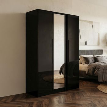 Monaco Black Gloss 3 Door 1 Mirror Tall Triple Wardrobe