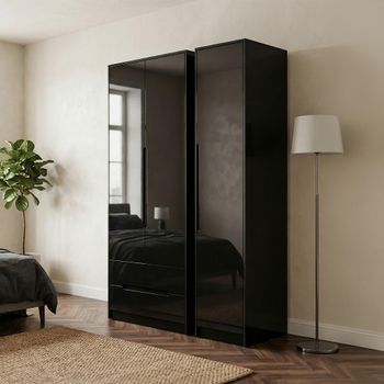Monaco Black Gloss 3 Door LHF 2 Drawer Tall Triple Wardrobe