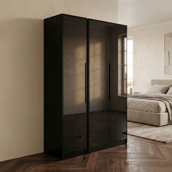 Monaco Black Gloss 3 Door RHF 2 Drawer Tall Triple Wardrobe