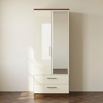 Knightsbridge Cream Gloss and Walnut 2 Door 1 Mirror Combi Wardrobe