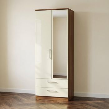 Knightsbridge Cream Gloss and Walnut 2 Door 1 Mirror Combi Tall Wardrobe