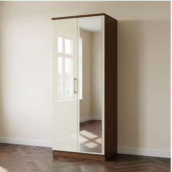 Knightsbridge Cream Gloss and Walnut 2 Door 1 Mirror Wardrobe