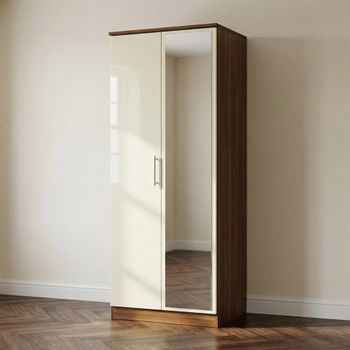 Knightsbridge Cream Gloss and Walnut 2 Door 1 Mirror Tall Wardrobe