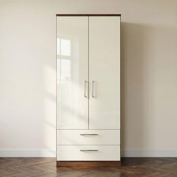 Knightsbridge Cream Gloss and Walnut 2 Door 2 Drawer Double Wardrobe