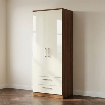 Knightsbridge Cream Gloss and Walnut 2 Door 2 Drawer Tall Wardrobe