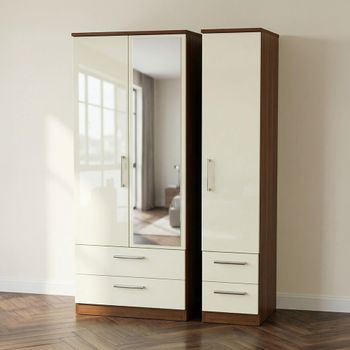 Knightsbridge Cream Gloss and Walnut 3 Door 1 Mirror Combi Wardrobe
