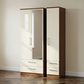 Knightsbridge Cream Gloss and Walnut 3 Door 1 Mirror Combi Tall Wardrobe