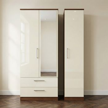 Knightsbridge Cream Gloss and Walnut 3 Door 1 Mirror LHF 2 Drawer Combi Wardrobe