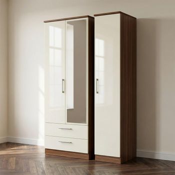 Knightsbridge Cream Gloss and Walnut 3 Door 1 Mirror LHF 2 Drawer Combi Tall Wardrobe