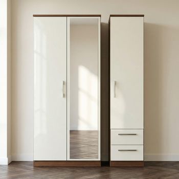 Knightsbridge Cream Gloss and Walnut 3 Door 1 Mirror RHF 2 Drawer Combi Wardrobe