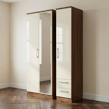 Knightsbridge Cream Gloss and Walnut 3 Door 1 Mirror RHF 2 Drawer Combi Tall Wardrobe