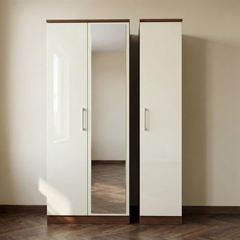 Knightsbridge Cream Gloss and Walnut 3 Door 1 Mirror Triple Wardrobe