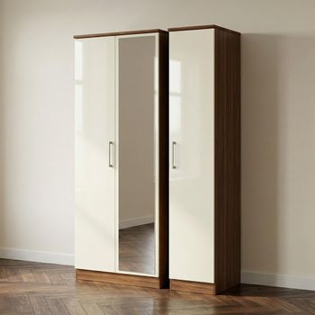 Knightsbridge Cream Gloss and Walnut 3 Door 1 Mirror Triple Tall Wardrobe