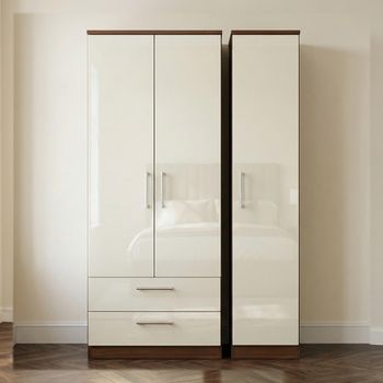 Knightsbridge Cream Gloss and Walnut 3 Door LHF 2 Drawer Triple Wardrobe