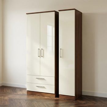Knightsbridge Cream Gloss and Walnut 3 Door LHF 2 Drawer Triple Tall Wardrobe