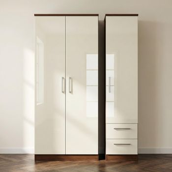 Knightsbridge Cream Gloss and Walnut 3 Door RHF 2 Drawer Triple Wardrobe
