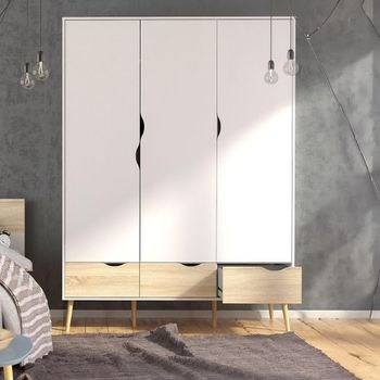 Oslo White and Oak 3 Door 3 Drawer Wardrobe
