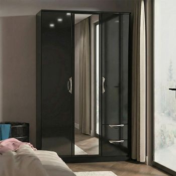 Camden Black Gloss 3 Door Combi with 1 Mirror and RHF 2 Drawer Wardrobe