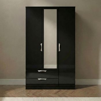 Camden Black Gloss 3 Door Tall Combi LHF 2 Drawer Wardrobe with 1 Mirror