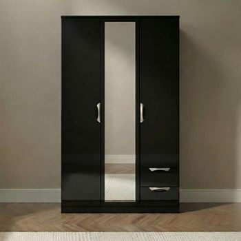 Camden Black Gloss 3 Door Tall Combi RHF 2 Drawer Wardrobe with 1 Mirror