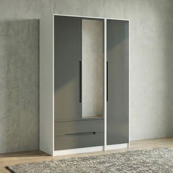 Monaco Grey Gloss and White 3 Door 1 Mirror LHF 2 Drawer Combi Tall Wardrobe