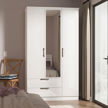 Camden White Gloss 3 Door Tall Combi LHF 2 Drawer Wardrobe with 1 Mirror