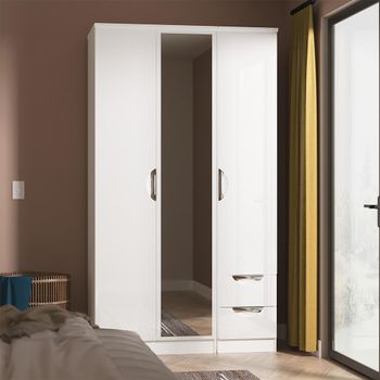 Camden White Gloss 3 Door Tall Combi RHF 2 Drawer Wardrobe with 1 Mirror
