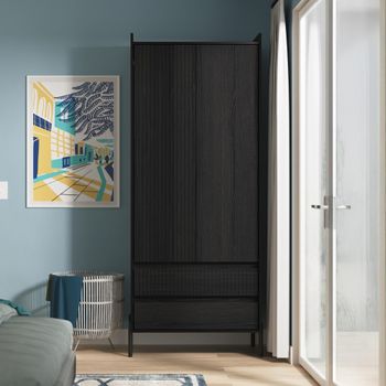 Osaka Black Ash Fluted 2 Door 2 Drawer Tall Wardrobe