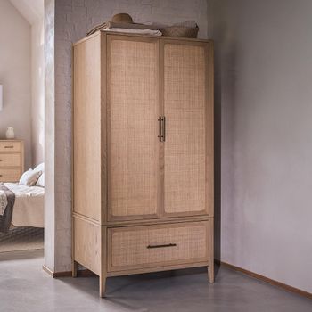 Casera Natural Rattan and American Oak 2 Door 1 Drawer Wardrobe