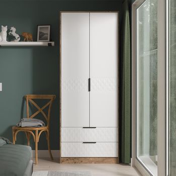 Harlequin White Matt and Vintage Oak 2 Door 2 Drawer Tall Wardrobe