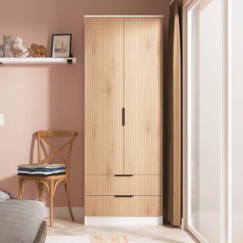 Java Fluted Effect Natural and White 2 Door 2 Drawer Tall Robe Wardrobe