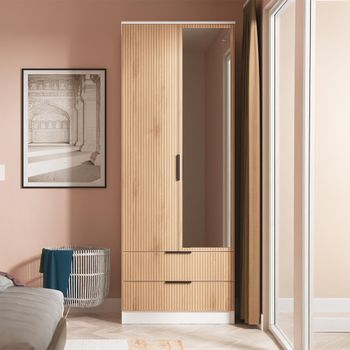Java Fluted Effect Natural and White 2 Door Tall Combi 1 Mirror Wardrobe