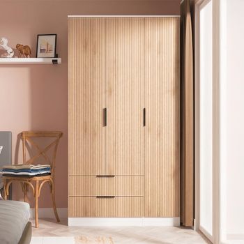 Java Fluted Effect Natural and White 3 Door 2 Drawer Tall Triple Wardrobe