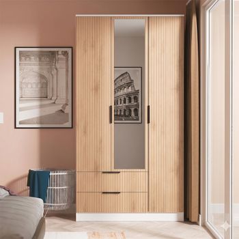 Java Fluted Effect Natural and White 3 Door Tall Triple Combi 1 Mirror Wardrobe