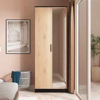 Java Fluted Effect Natural and Black 2 Door 1 Mirror Wardrobe