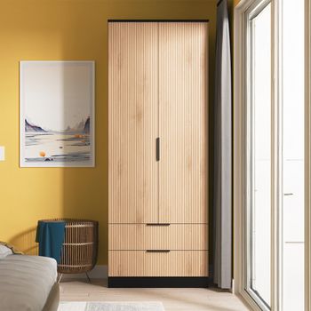 Java Fluted Effect Natural and Black 2 Door 2 Drawer Tall Robe Wardrobe