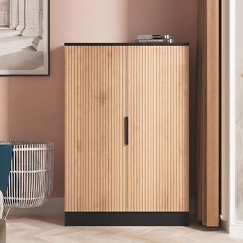Java Fluted Effect Natural and Black 2 Door Plain Midi Wardrobe