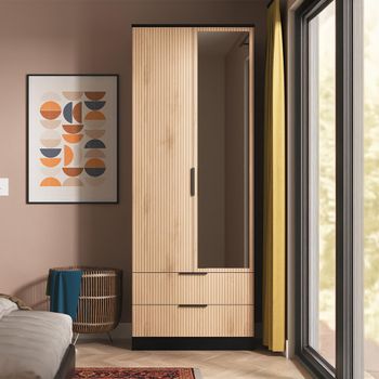 Java Fluted Effect Natural and Black 2 Door Tall Combi 1 Mirror Wardrobe