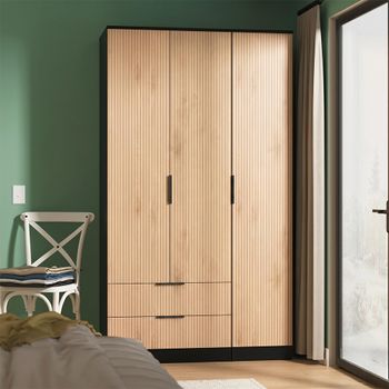Java Fluted Effect Natural and Black 3 Door 2 Drawer Tall Triple Wardrobe