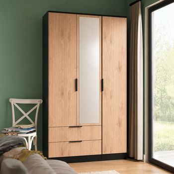 Java Fluted Effect Natural and Black 3 Door Tall Triple Combi 1 Mirror Wardrobe