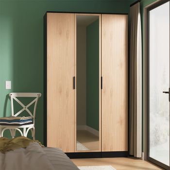 Java Fluted Effect Natural and Black 3 Door 1 Mirror Triple Wardrobe