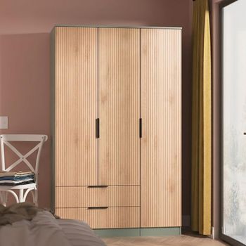 Java Fluted Effect Natural and Reed Green 3 Door 2 Drawer Tall Triple Wardrobe