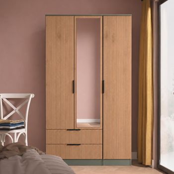 Java Fluted Effect Natural and Reed Green 3 Door Tall Triple Combi 1 Mirror Wardrobe