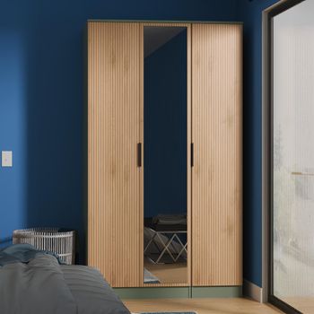 Java Fluted Effect Natural and Reed Green 3 Door 1 Mirror Tall Triple Robe Wardrobe
