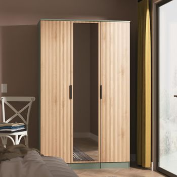 Java Fluted Effect Natural and Reed Green 3 Door 1 Mirror Triple Wardrobe